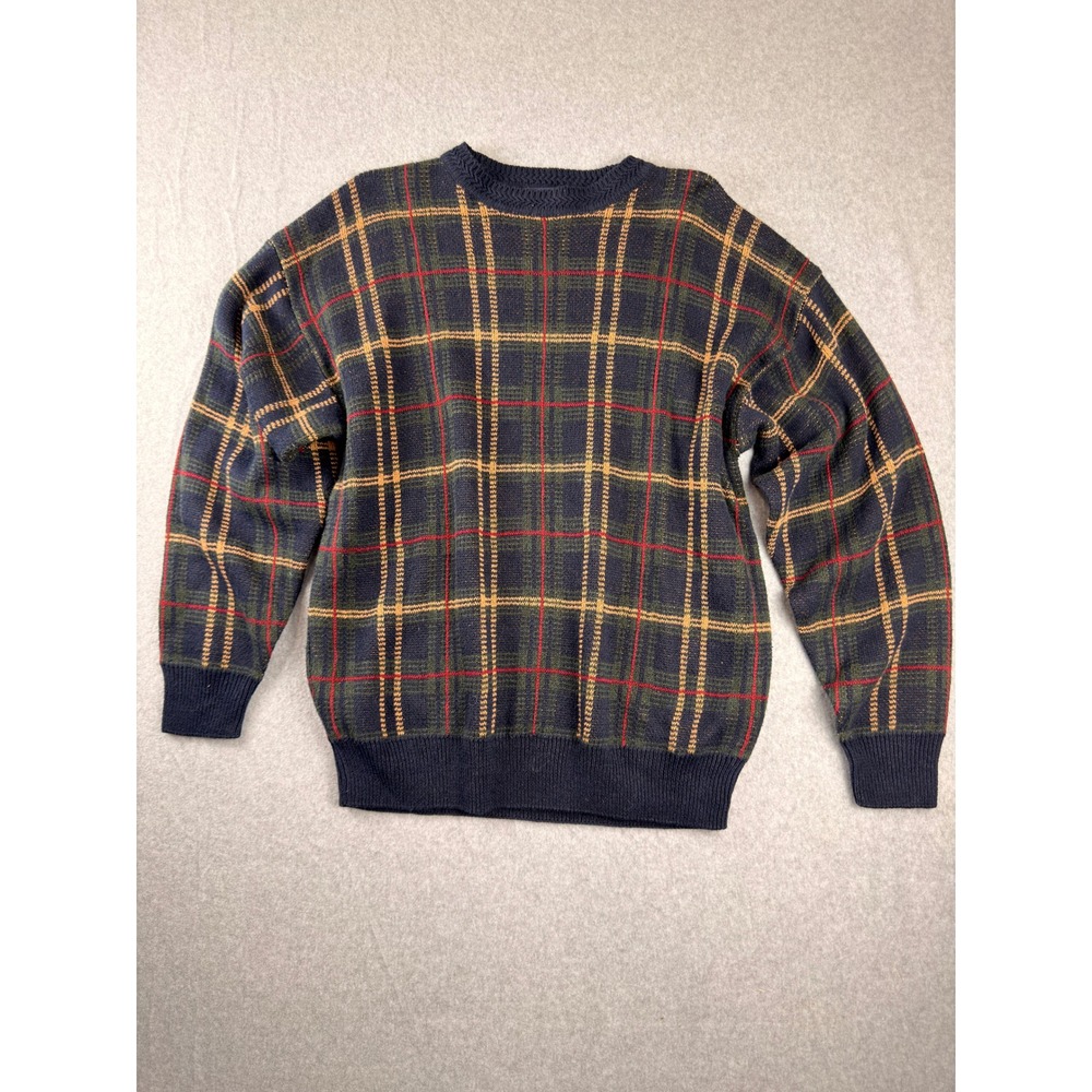 Vtg 90s Roundtree & Yorke Mens Plaid Crewneck Sweater Navy Blue Green Cotton M